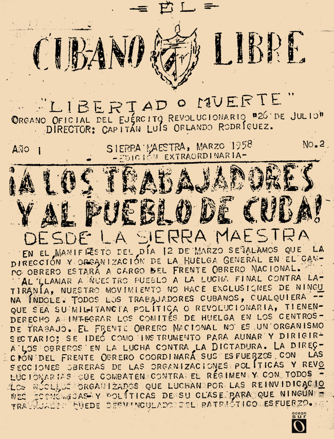 Portada de «El Cubano Libre», órgano oficial del Ejército Revolucionario
