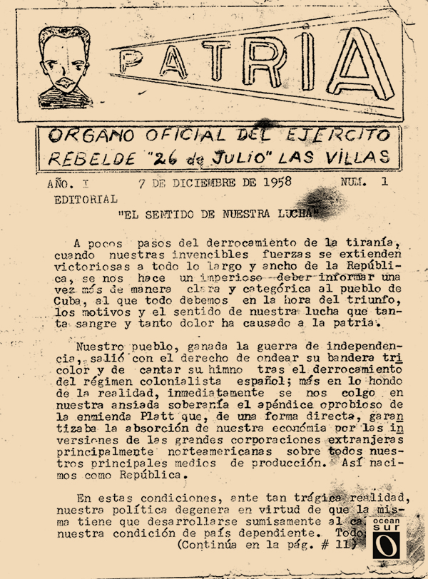 Portada de «Patria», órgano oficial del Ejército Rebelde en Las Villas