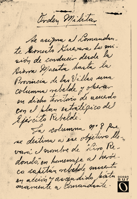 Orden Militar de Fidel Castro que designa al Che al frente de la Columna 8, página 1
